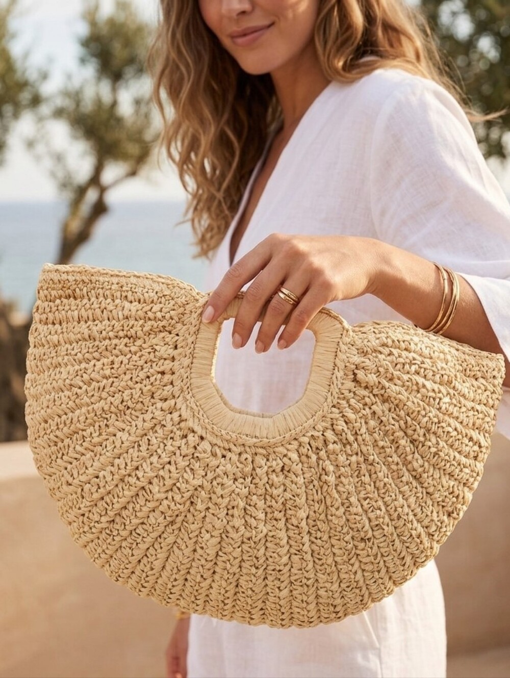 New RAMLA Women’s Half-Moon Straw Woven Basket Weave Handbag Clutch 12x17